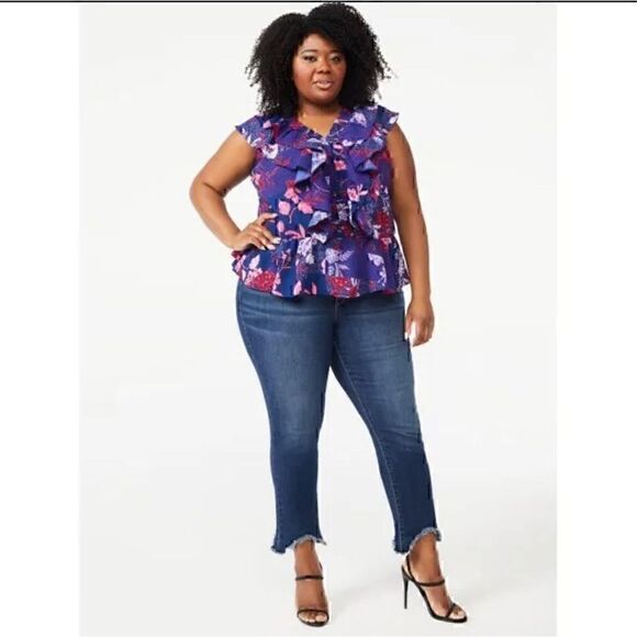 Sofia Vergara Top Womens XXL Blue Pink Floral Sleeveless Ruffle Blouse - Picture 1 of 12